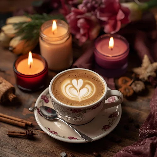 A beautifully crafted latte with heart-shaped foam art in a floral teacup, placed on a rustic wooden table surrounded by lit candles, cinnamon sticks, and soft autumn decor.